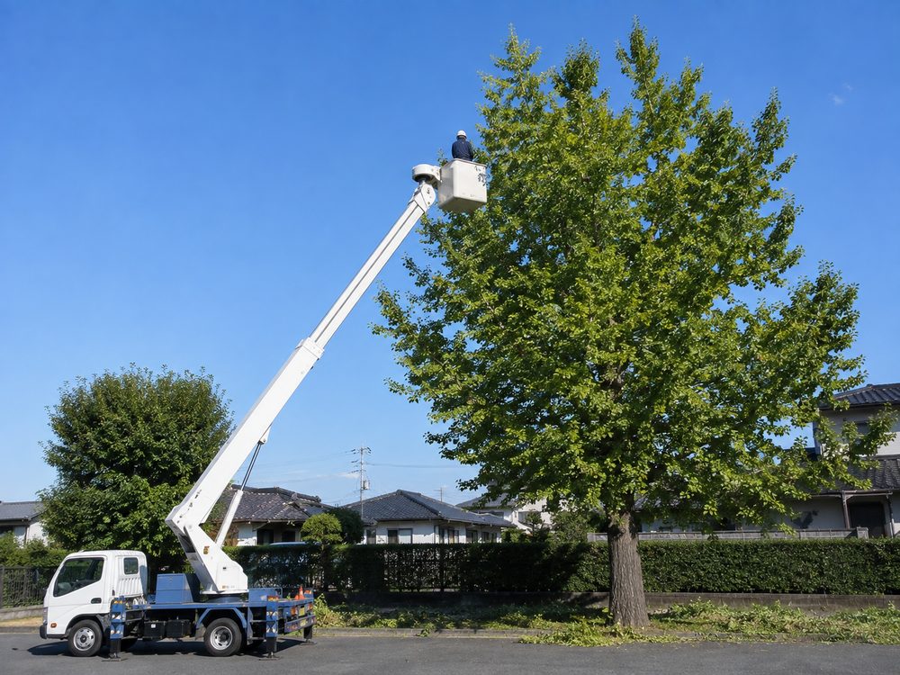 高所作業車のブームを伸ばし、道路ぎわの高木を剪定する現場(イメージ画像)
