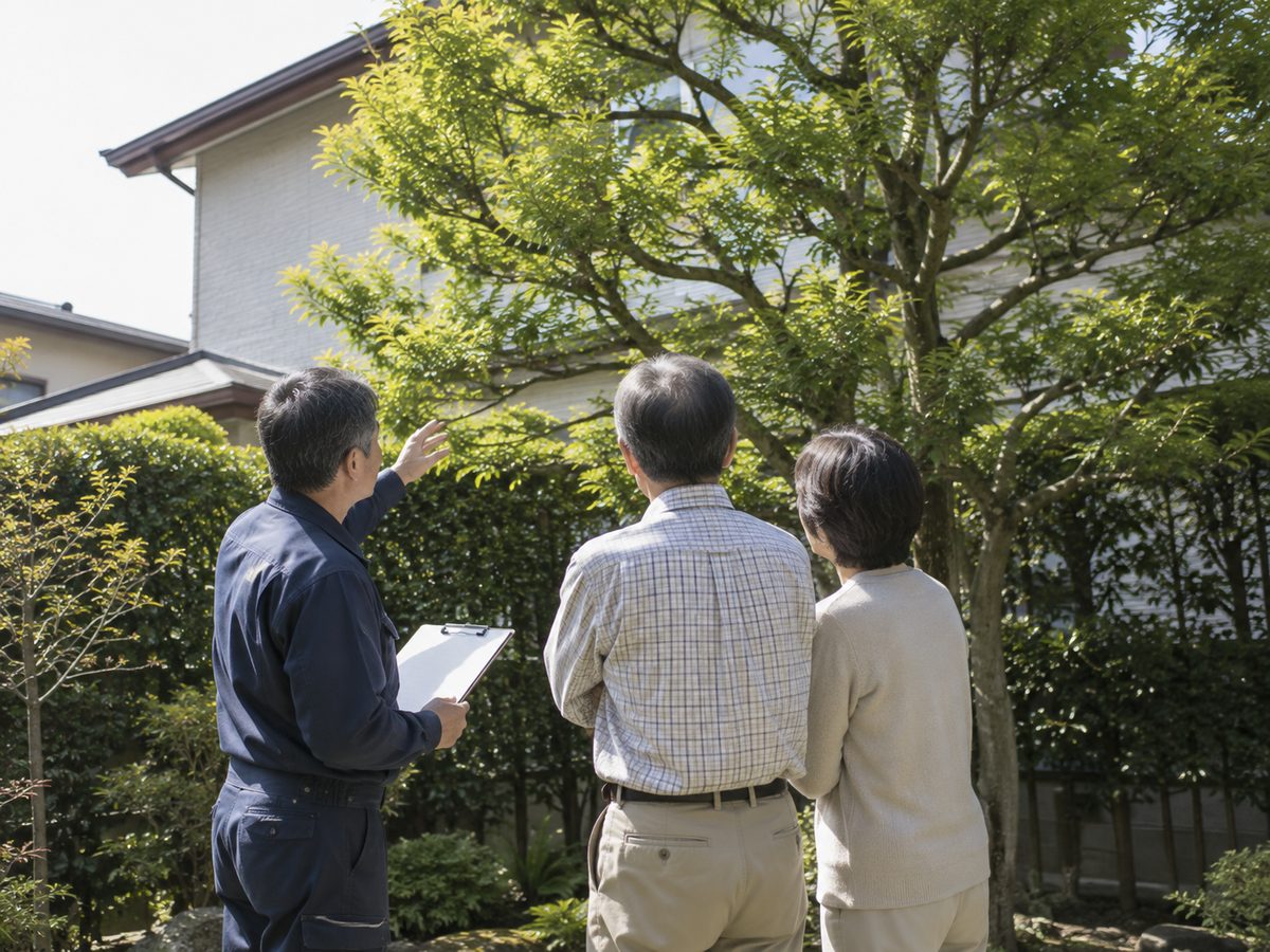 庭で樹木を見上げながら住まい手と打ち合わせをする造園職人